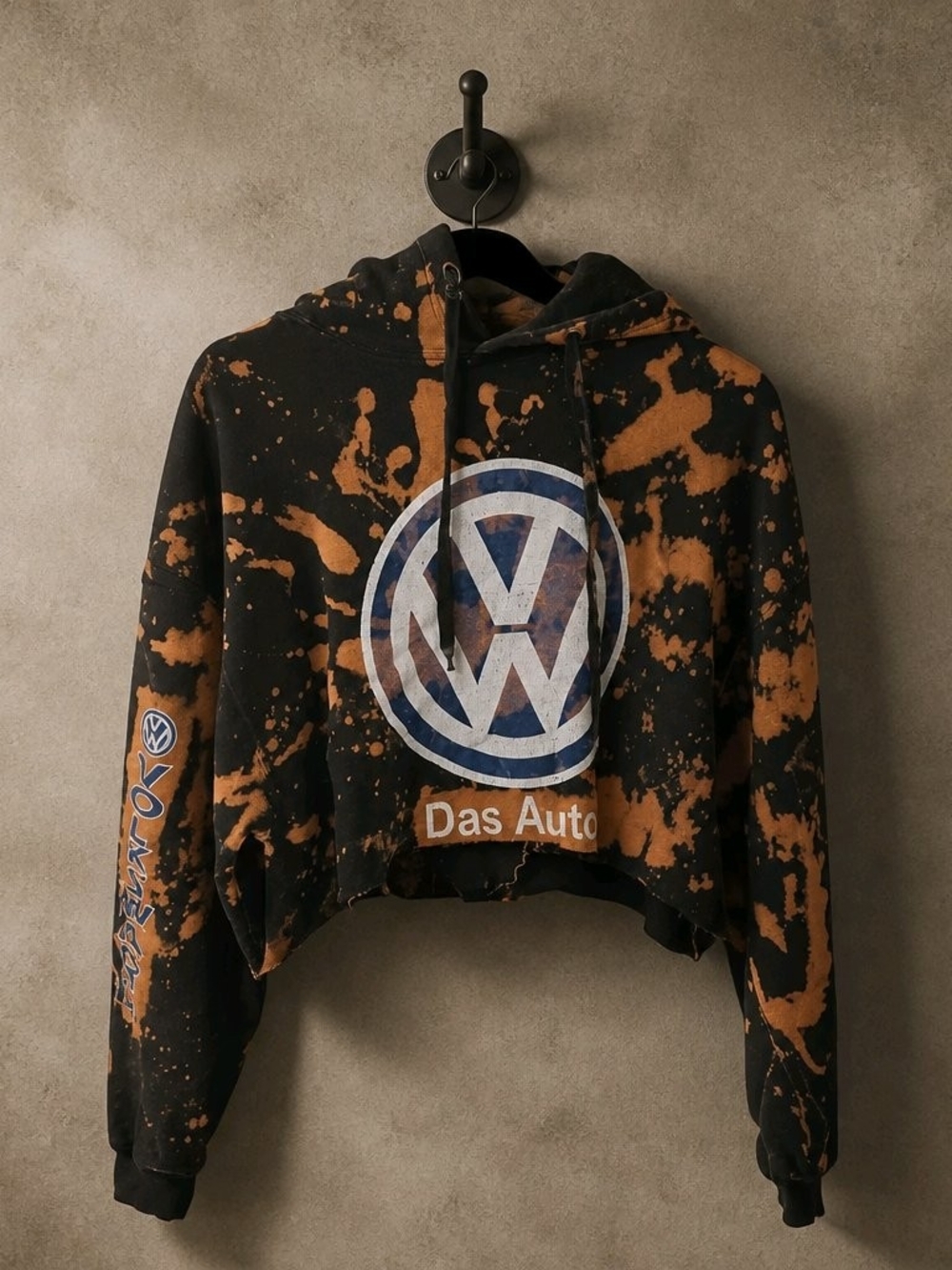 Volkswagen Black & Orange Bleach-Effect Cropped Hoodie